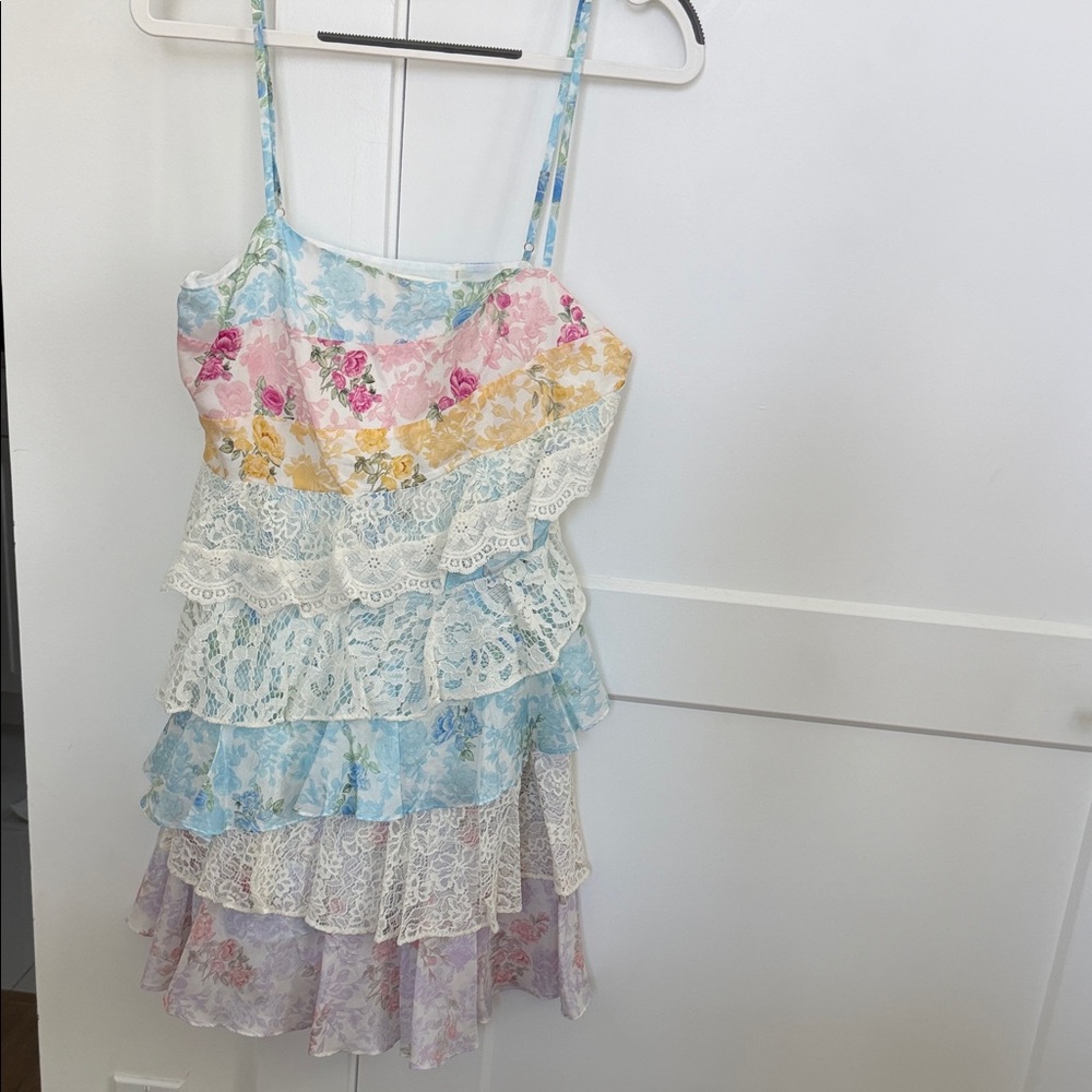 LoveShackFancy Pastel Floral Tiered Lace Mini Dress - Blue, Pink, Yellow, Purple